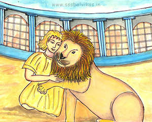 Androceles putting his arms around lion's neck.