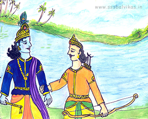  Krishna and Arjuna walking on the banks of river Yamuna.