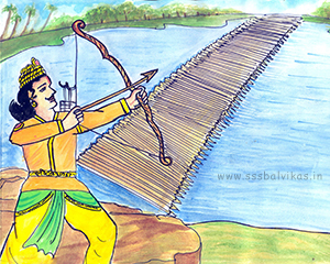  Arjuna building the bridge of arrows across river.