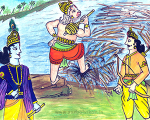 Bridge collapsing as Hanuman placing his foot on the bridge.