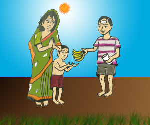 Son giving away the fruits to hunger