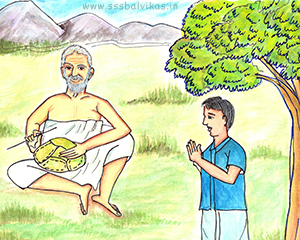 A devotee sees Ramana Maharshi pinning the leaves.