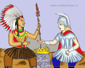 Red Indian soldier offering Golden fruits to Alexander