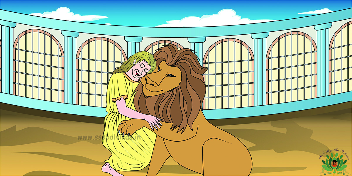 Androceles putting his arms around lion's neck.