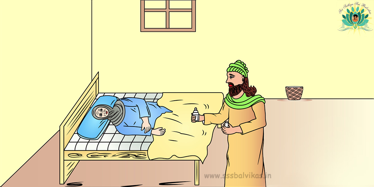 Mohammed giving medicine to the old lady who is sick.
